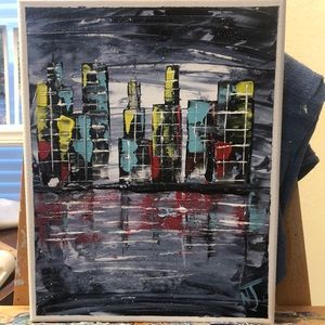 Original Abstract cityscape acrylic on canvas painting.